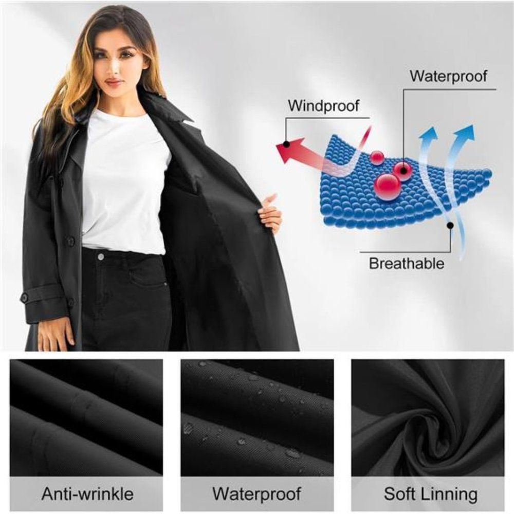 Women's Long Waterproof Trench Coat Double Breasted Belted Coat with Hood - Picture 8 of 8